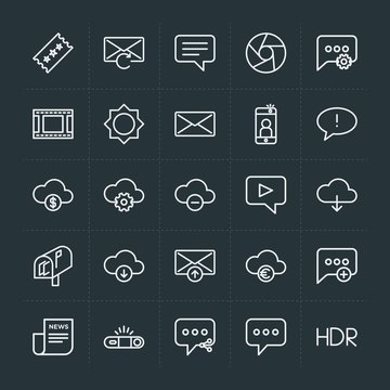 Modern Simple Set of cloud and networking, chat and messenger, video, photos, email Vector outline Icons. Contains such Icons as cloud,  add and more on dark background. Fully Editable. Pixel Perfect.