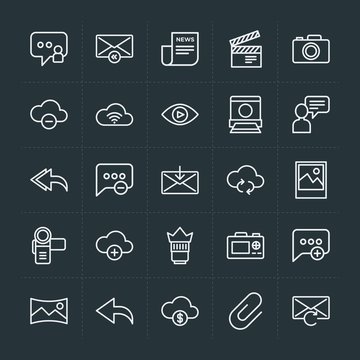 Modern Simple Set of cloud and networking, chat and messenger, video, photos, email Vector outline Icons. Contains such Icons as  document and more on dark background. Fully Editable. Pixel Perfect.