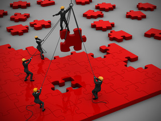 Jigsaw puzzle Project in Red as teamwork manage to build it as 3d rendering. A great jigsaw puzzle in red being built by a successful team as 3d rendering.