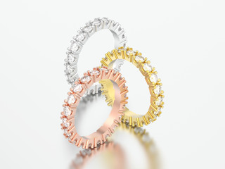 3D illustration three different gold eternity band diamond rings