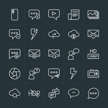 Modern Simple Set of cloud and networking, chat and messenger, video, photos, email Vector outline Icons. Contains such Icons as  travel and more on dark background. Fully Editable. Pixel Perfect.