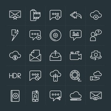 Modern Simple Set of cloud and networking, chat and messenger, video, photos, email Vector outline Icons. Contains such Icons as  web,  old and more on dark background. Fully Editable. Pixel Perfect.