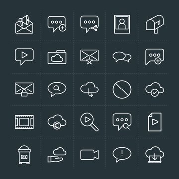 Modern Simple Set of cloud and networking, chat and messenger, video, photos, email Vector outline Icons. Contains such Icons as camera and more on dark background. Fully Editable. Pixel Perfect.