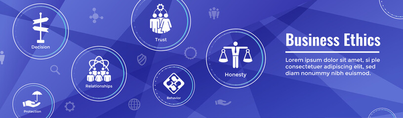 Business Ethics Web Banner Icon Set with Honesty, Integrity, Commitment, and Decision
