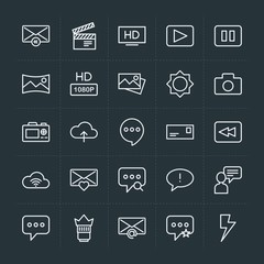 Modern Simple Set of cloud and networking, chat and messenger, video, photos, email Vector outline Icons. Contains such Icons as  speech, hd and more on dark background. Fully Editable. Pixel Perfect.
