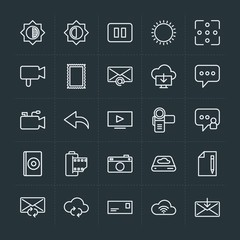 Modern Simple Set of cloud and networking, chat and messenger, video, photos, email Vector outline Icons. Contains such Icons as  email and more on dark background. Fully Editable. Pixel Perfect.
