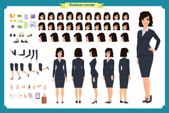 Set of Businesswoman character design.Front, side, back view animated character.Business girl character creation set with various views, poses and gestures. Cartoon, flat vector isolated
