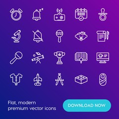 Modern Simple Set of time, education, kids and toys Vector outline Icons. Contains such Icons as alarm,  adventure,  play, astronomy and more on gradient background. Fully Editable. Pixel Perfect.