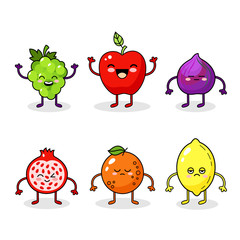 Cartoon funny fruits characters. Happy food sticker, big collection. Fig, orange, lemon.