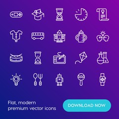 Modern Simple Set of time, education, kids and toys Vector outline Icons. Contains such Icons as concept,  hour,  summer, announcement and more on gradient background. Fully Editable. Pixel Perfect.