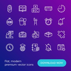 Modern Simple Set of time, education, kids and toys Vector outline Icons. Contains such Icons as  math,  world,  baby, hour,  play,  fun and more on gradient background. Fully Editable. Pixel Perfect.