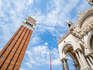 Fototapeta na wymiar Venice, Italy, super wide angle of St. Mark's Square (Piazza San Marco) with view of Cathedral and Bell Tower of Saint Mark (Campanile di San Marco)