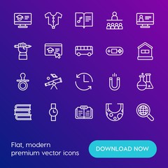 Modern Simple Set of time, education, kids and toys Vector outline Icons. Contains such Icons as  literature,  research,  magnetic, book and more on gradient background. Fully Editable. Pixel Perfect.