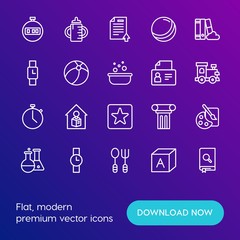 Modern Simple Set of time, education, kids and toys Vector outline Icons. Contains such Icons as  study,  child,  laboratory,  drink and more on gradient background. Fully Editable. Pixel Perfect.