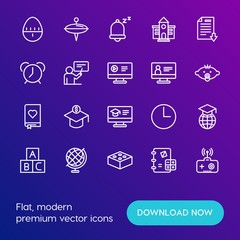 Modern Simple Set of time, education, kids and toys Vector outline Icons. Contains such Icons as  round, toy,  globe,  math,  control and more on gradient background. Fully Editable. Pixel Perfect.