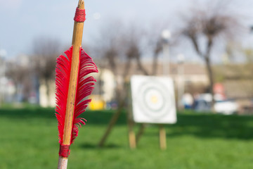 The plumage of an arrow against a background of a target behind which a blurry city landscape and...