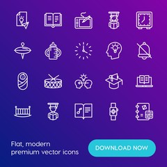 Modern Simple Set of time, education, kids and toys Vector outline Icons. Contains such Icons as  concept,  ebook,  discussion,  drum and more on gradient background. Fully Editable. Pixel Perfect.