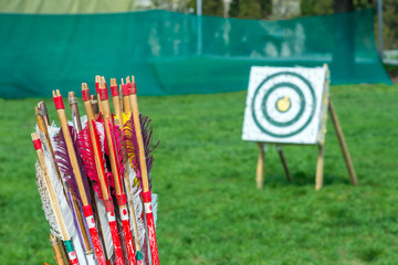 plumage of a set of arrows in a quiver on the background of the stand with the target