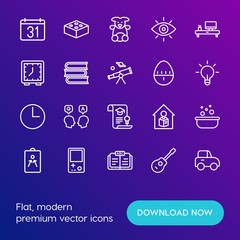 Modern Simple Set of time, education, kids and toys Vector outline Icons. Contains such Icons as baby,  technology,  idea,  business and more on gradient background. Fully Editable. Pixel Perfect.