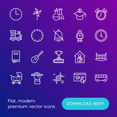 Modern Simple Set of time, education, kids and toys Vector outline Icons. Contains such Icons as  school, clock,  rock,  minute, toy and more on gradient background. Fully Editable. Pixel Perfect.