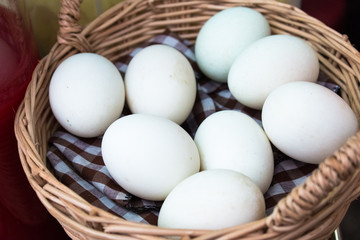 Easter eggs.White duck eggs in basket.Closed up