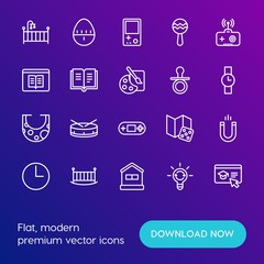 Modern Simple Set of time, education, kids and toys Vector outline Icons. Contains such Icons as  technology,  estate,  magnet, physics and more on gradient background. Fully Editable. Pixel Perfect.
