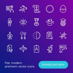 Modern Simple Set of time, education, kids and toys Vector outline Icons. Contains such Icons as spoon,  restaurant,  round,  biology,  and more on gradient background. Fully Editable. Pixel Perfect.