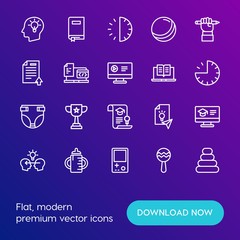 Modern Simple Set of time, education, kids and toys Vector outline Icons. Contains such Icons as  education,  people,  competition, 30 and more on gradient background. Fully Editable. Pixel Perfect.