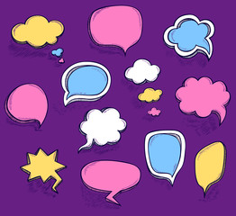 Set Hand draw speech bubbles clouds with  sketch effect colorful in cartoon  retro or  pop art comics style made by trace