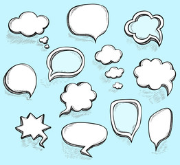 Set Hand draw speech bubbles clouds with  sketch effect in cartoon  retro or  pop art comics style made by trace