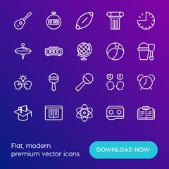 Modern Simple Set of time, education, kids and toys Vector outline Icons. Contains such Icons as stop,  rock,  happy,  cardboard,  alarm and more on gradient background. Fully Editable. Pixel Perfect.