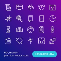 Modern Simple Set of time, education, kids and toys Vector outline Icons. Contains such Icons as university,  technology, language,  toy and more on gradient background. Fully Editable. Pixel Perfect.