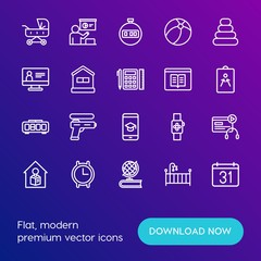 Modern Simple Set of time, education, kids and toys Vector outline Icons. Contains such Icons as  blended,  smart,  young,  teacher, bed and more on gradient background. Fully Editable. Pixel Perfect.