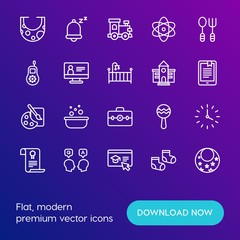 Modern Simple Set of time, education, kids and toys Vector outline Icons. Contains such Icons as  elegant,  time,  happy,  business, bus and more on gradient background. Fully Editable. Pixel Perfect.