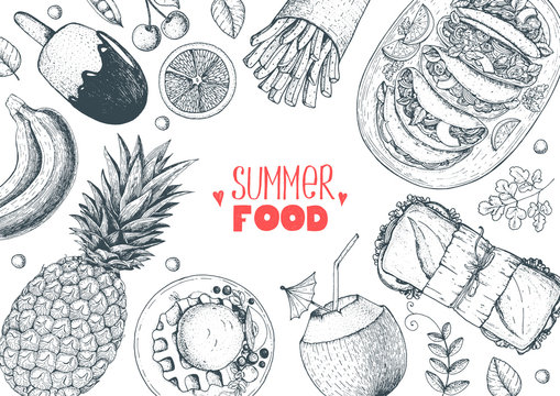 Summer food vector illustration. Variety food sketch collection. Top view engraved illustration.