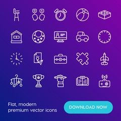 Modern Simple Set of time, education, kids and toys Vector outline Icons. Contains such Icons as jigsaw,  air, baby,  sport, plane,  kid and more on gradient background. Fully Editable. Pixel Perfect.
