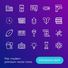 Modern Simple Set of time, education, kids and toys Vector outline Icons. Contains such Icons as  bucket,  gaming, piano,  summer,  fun and more on gradient background. Fully Editable. Pixel Perfect.