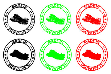 Made in El Salvador - rubber stamp - vector, El Salvador map pattern - black, green and red