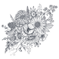 Floral composition. Bouquet with hand drawn flowers and plants.