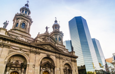 Santiago Cathedral at Plaza de Armas in Santiago de Chile