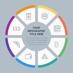 Circle chart business, money, shopping infographic template with 8 options for presentations, advertising, annual reports