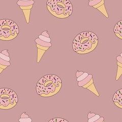 fashion vector seamless pattern with sweet food ice cream and do