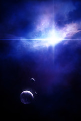 Obraz na płótnie Canvas Planet with moons and star in a nebula