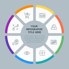 Circle chart business, money, shopping infographic template with 8 options for presentations, advertising, annual reports