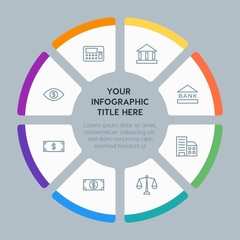 Circle chart business, money, shopping infographic template with 8 options for presentations, advertising, annual reports