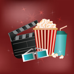 vector poster for advertising cinema or movie on a red background with popcorn