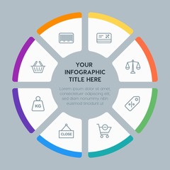 Circle chart business, money, shopping infographic template with 8 options for presentations, advertising, annual reports