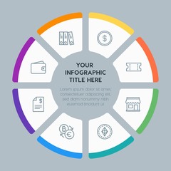 Circle chart business, money, shopping infographic template with 8 options for presentations, advertising, annual reports