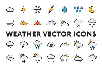 Weather Forecast Meteorology Icons Set. Sun, Snow, Cloud, Rain, Storm, Sunrise, Dawn, Moon, Wind. Minimal Color Flat Line Outline Stroke Pictograms. - obrazy, fototapety, plakaty