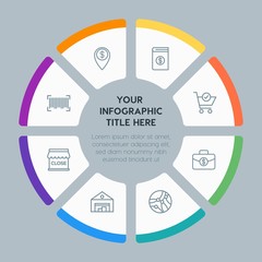 Circle chart business, money, shopping infographic template with 8 options for presentations, advertising, annual reports